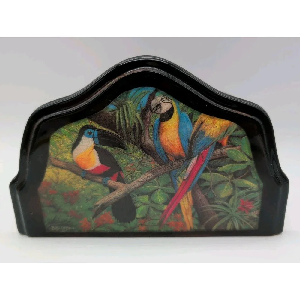 Vtg Black Lacquer Napkin Letter Holder Tropical Hibiscus Toucan Macaw Bascombe